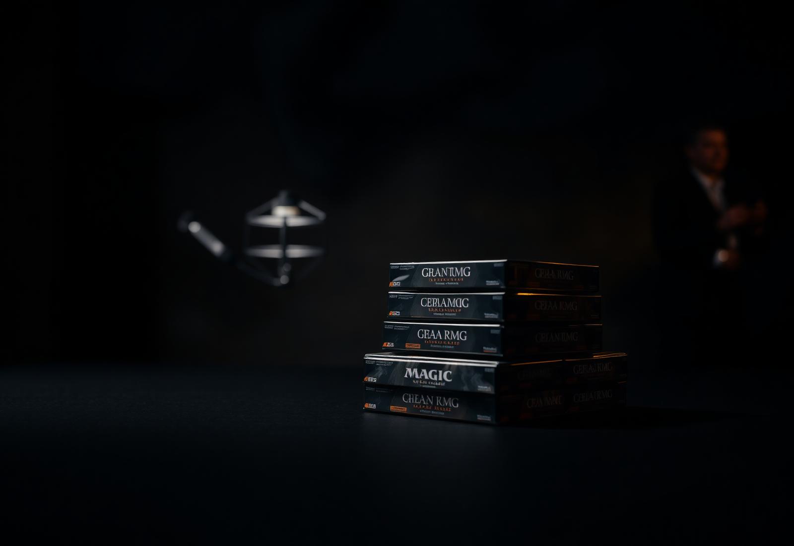 Stacked sealed trading card game booster cases under warm studio lighting